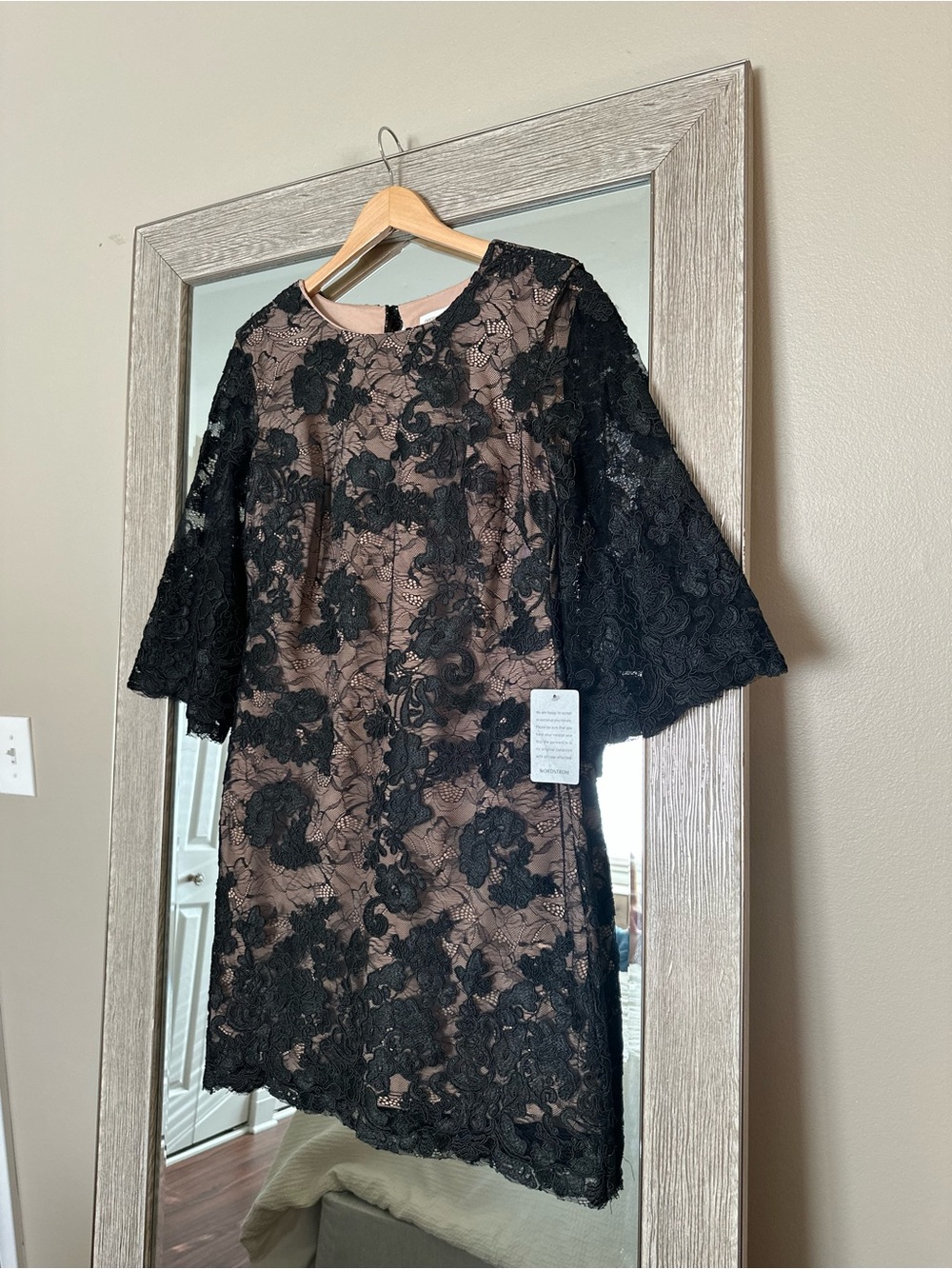 Dress The Population Black Lace Nude Underlay 3/4 Sleeve Dress NWT Nordstrom L